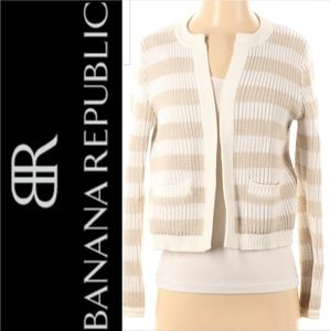 BR Cable knit open front cream and tan striped cotton cardigan sweater